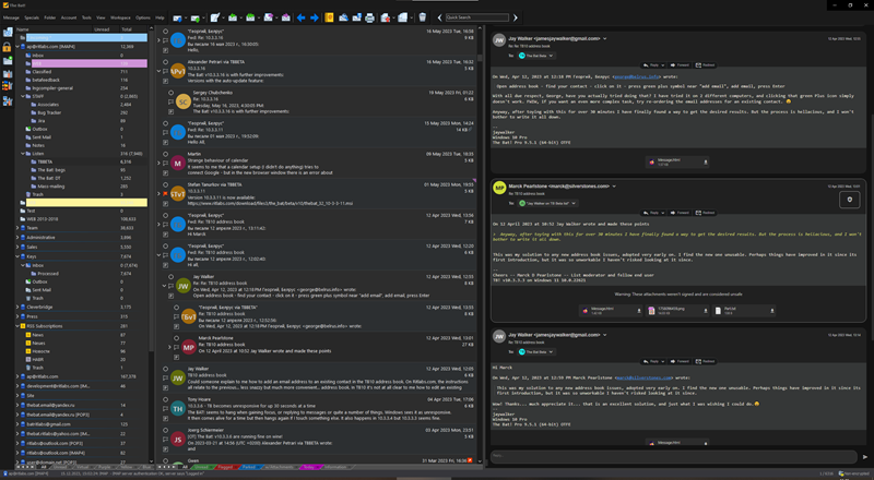 The Bat! desktop client with folder tree, message list, and signed message preview